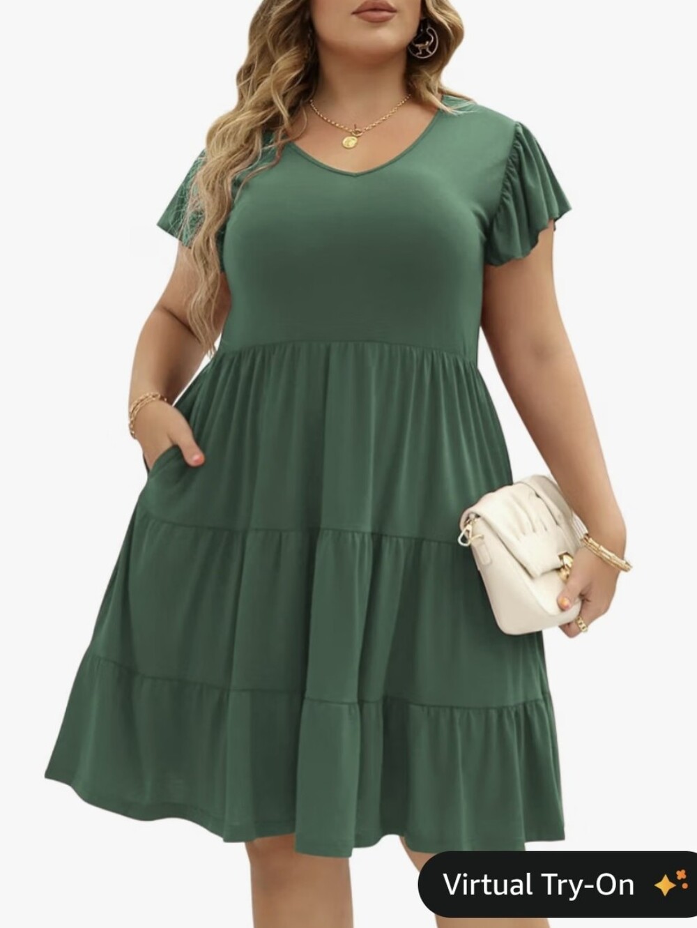 Tiered V-Neck Dress in Forest Green